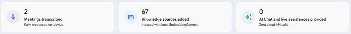 Foresight stats: 2 meetings transcribed, 67 knowledge sources indexed with local EmbeddingGemma, 0 AI chats